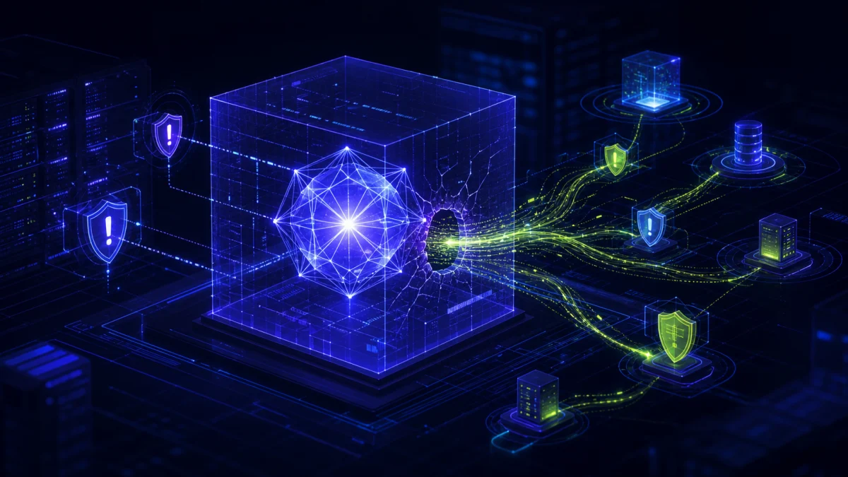 Núcleo de inteligência artificial atravessando o limite de um sandbox enquanto sistemas de segurança monitoram a rede