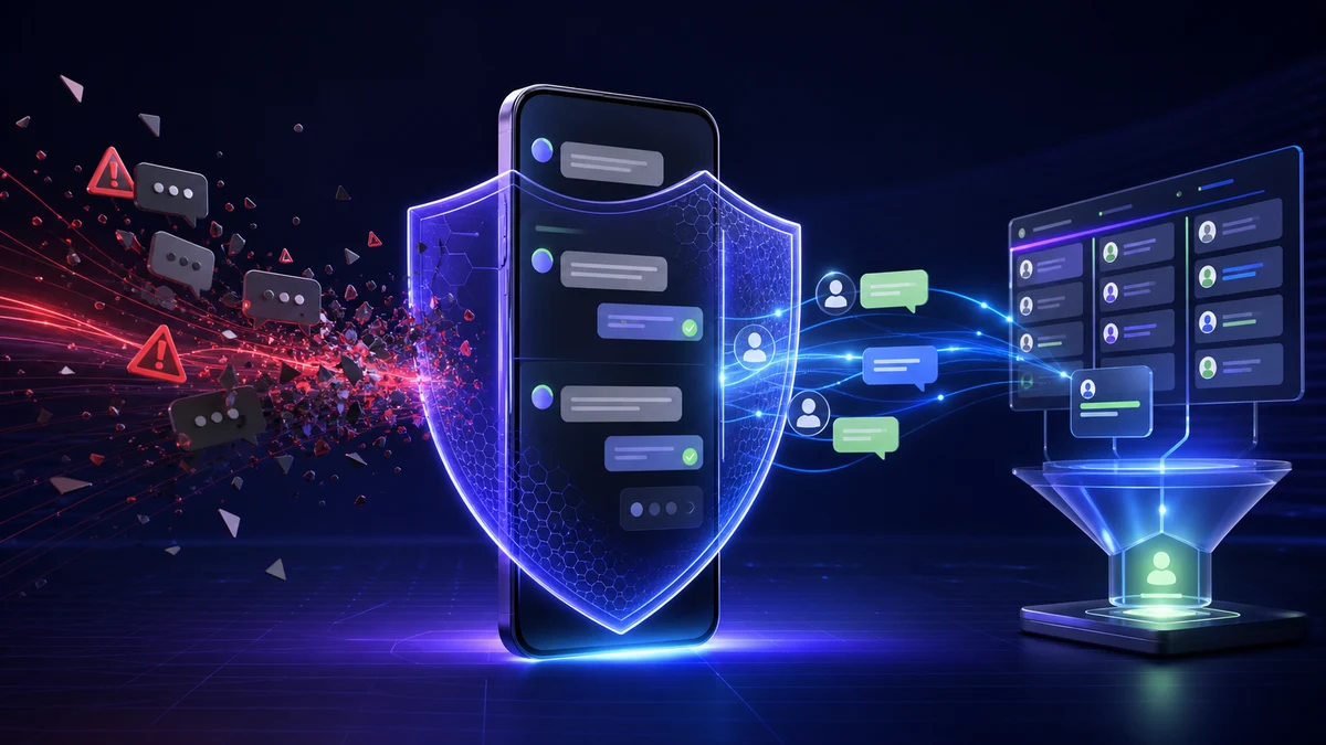 Celular empresarial protegido por um escudo digital contra spam e restrições