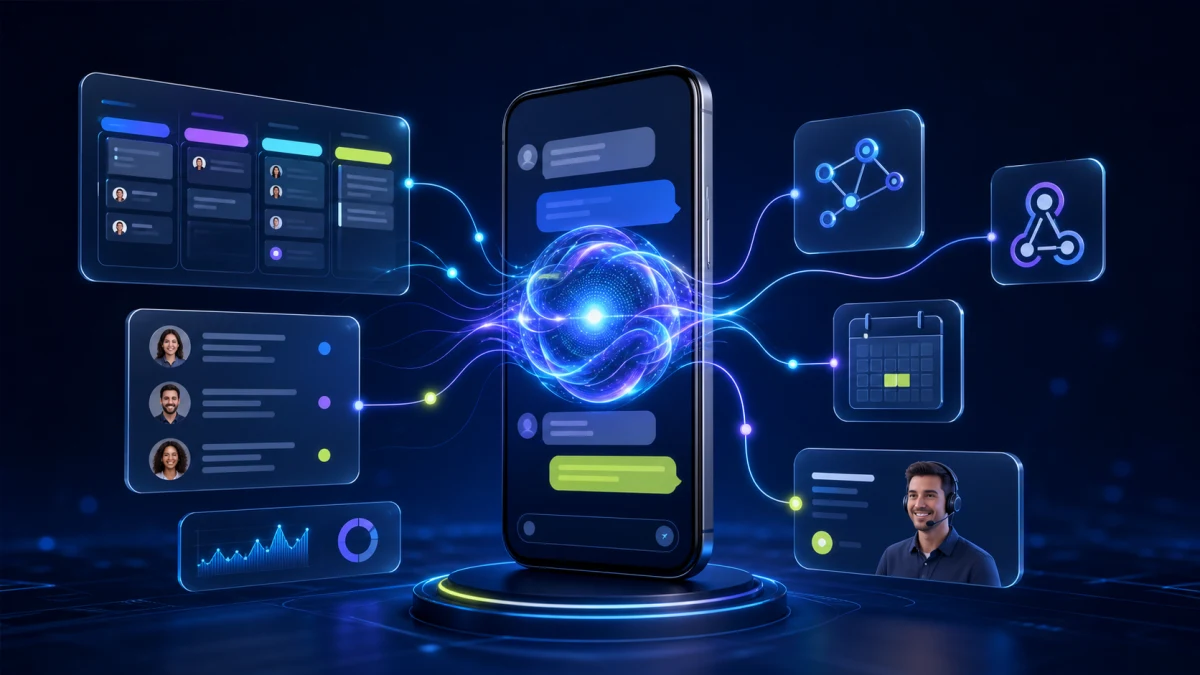 Inteligência artificial conectando conversas, CRM, API, agenda, métricas e atendimento humano