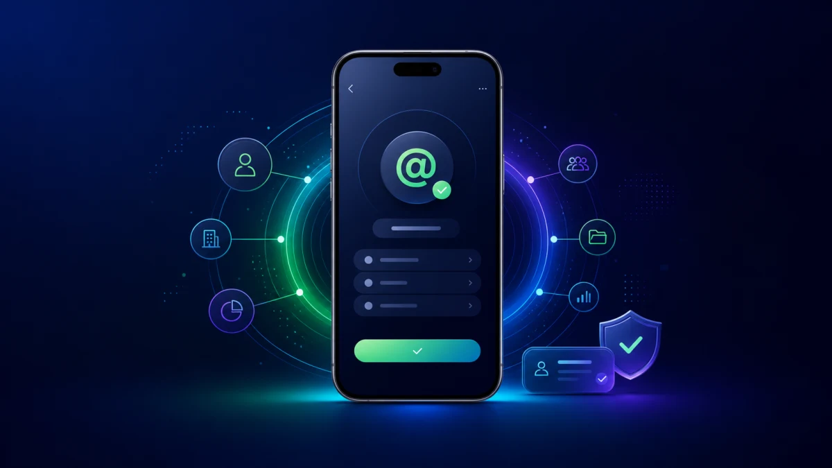 Celular com símbolo de nome de usuário conectado a contatos, CRM, métricas e segurança