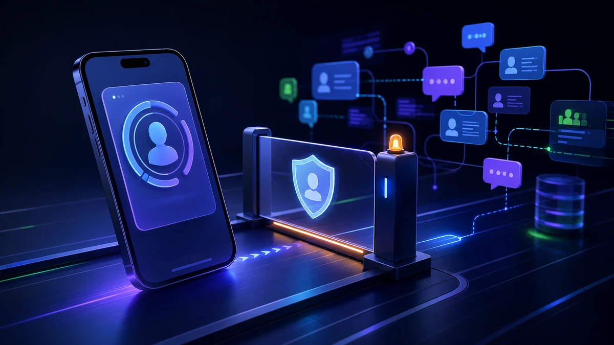 Celular com identidade digital diante de uma barreira de segurança