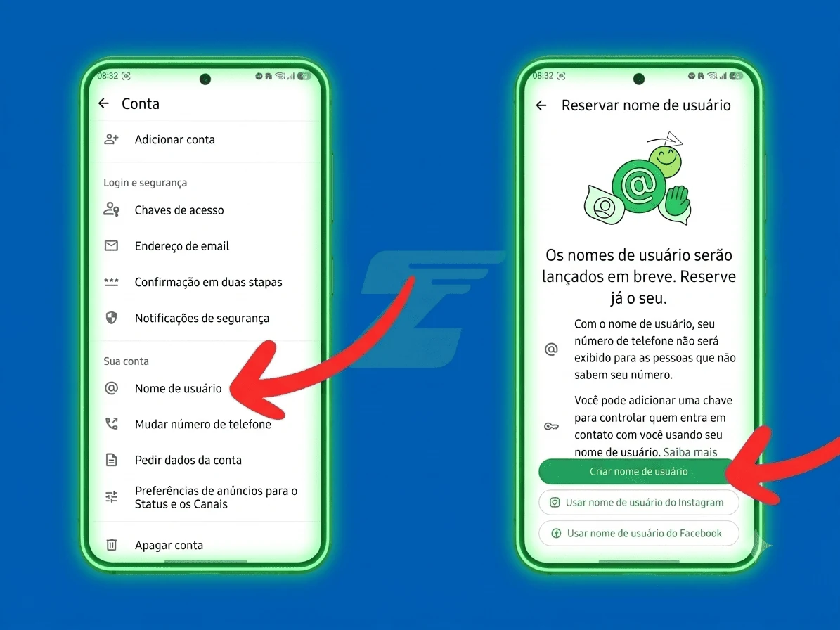 Tela Conta do WhatsApp com a opção Nome de usuário e botão para criar o identificador