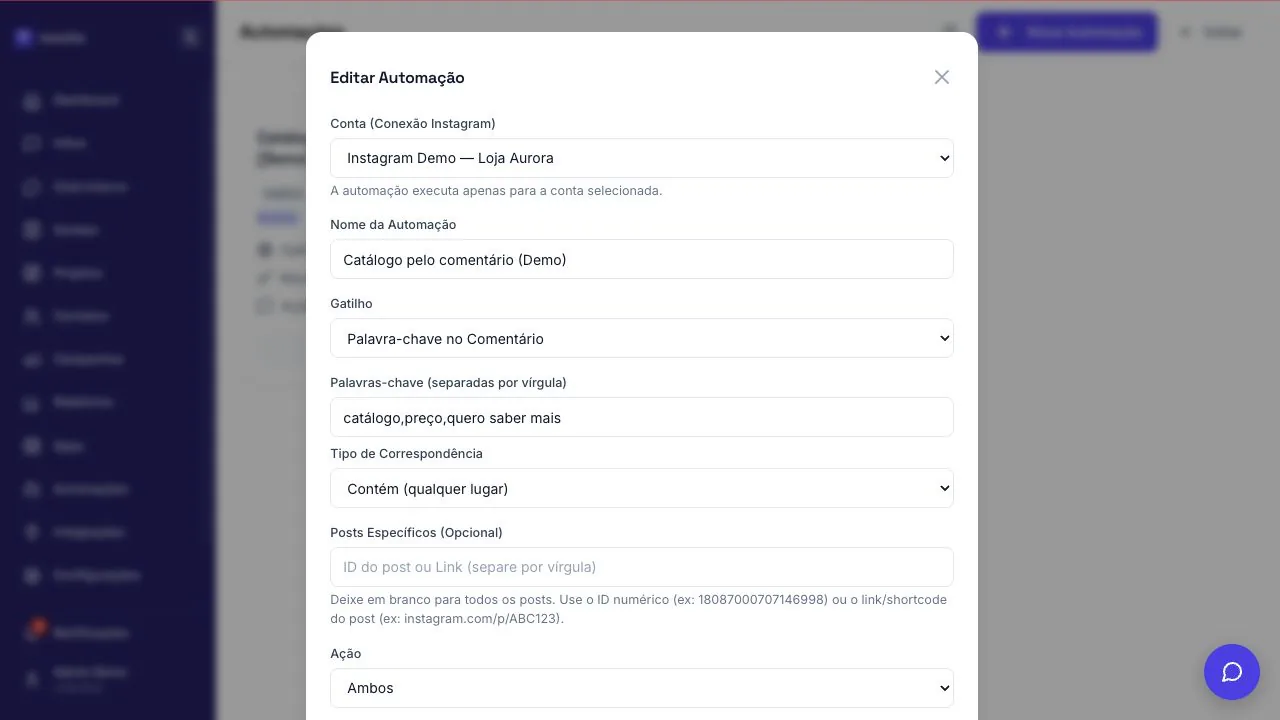 Configuração de gatilho de automação do Instagram