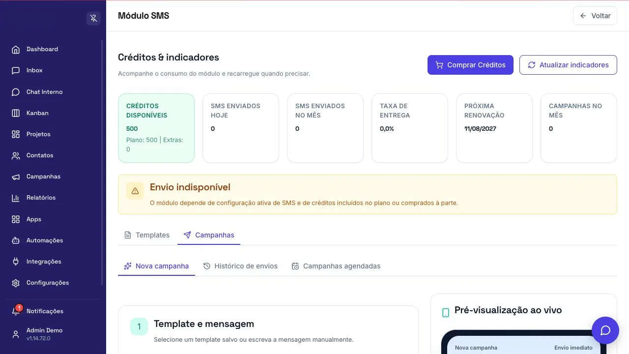Configuração de campanha de SMS