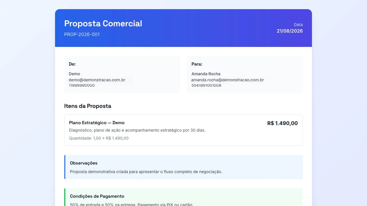 Proposta comercial em página pública