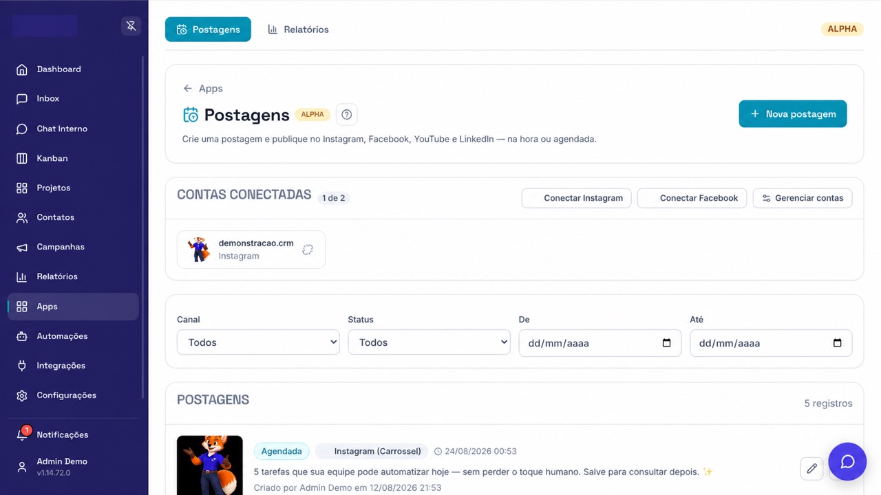 Central de postagens com contas conectadas, filtros e publicações agendadas