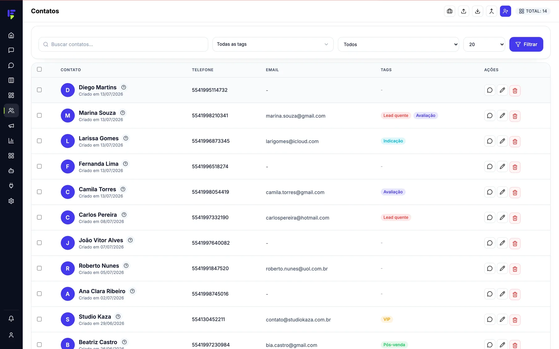 Lista de contatos do FunnelOps com tags e filtros