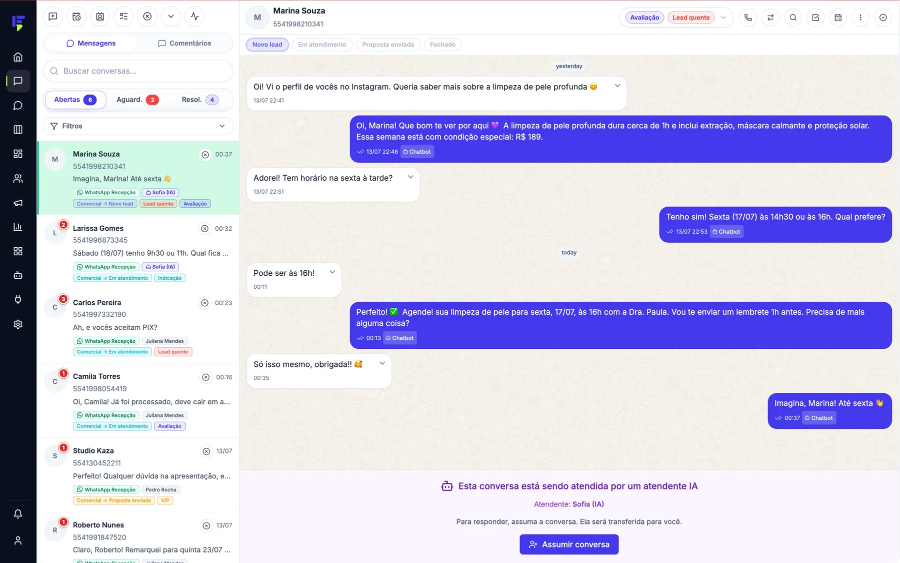 Inbox do FunnelOps: conversas de WhatsApp centralizadas com atendimento por IA